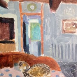 Cat on the bed, oil on board 18 x 24