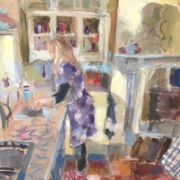 Lorraine washing up: oil on paper mounted on board 24x30